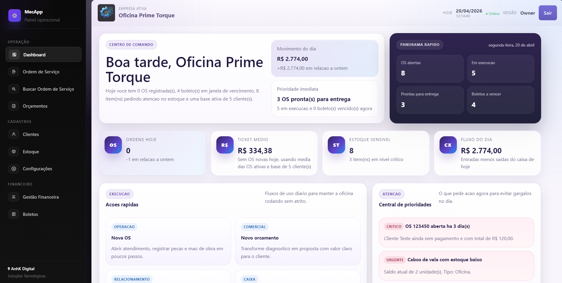 Tela de painel com indicadores e resumo operacional do MecApp