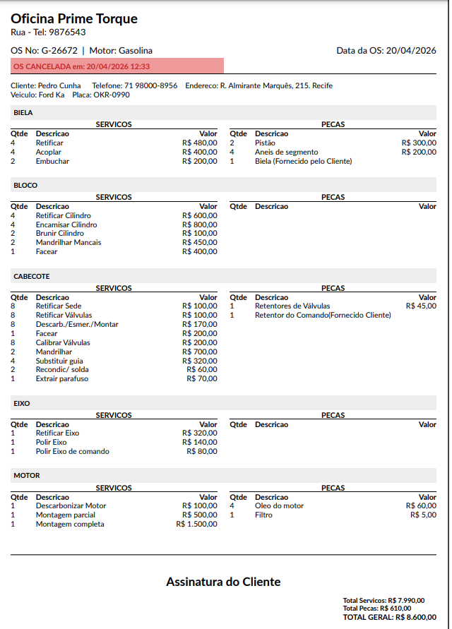 Nota em PDF marcada como cancelada com registro de data e hora no MecApp