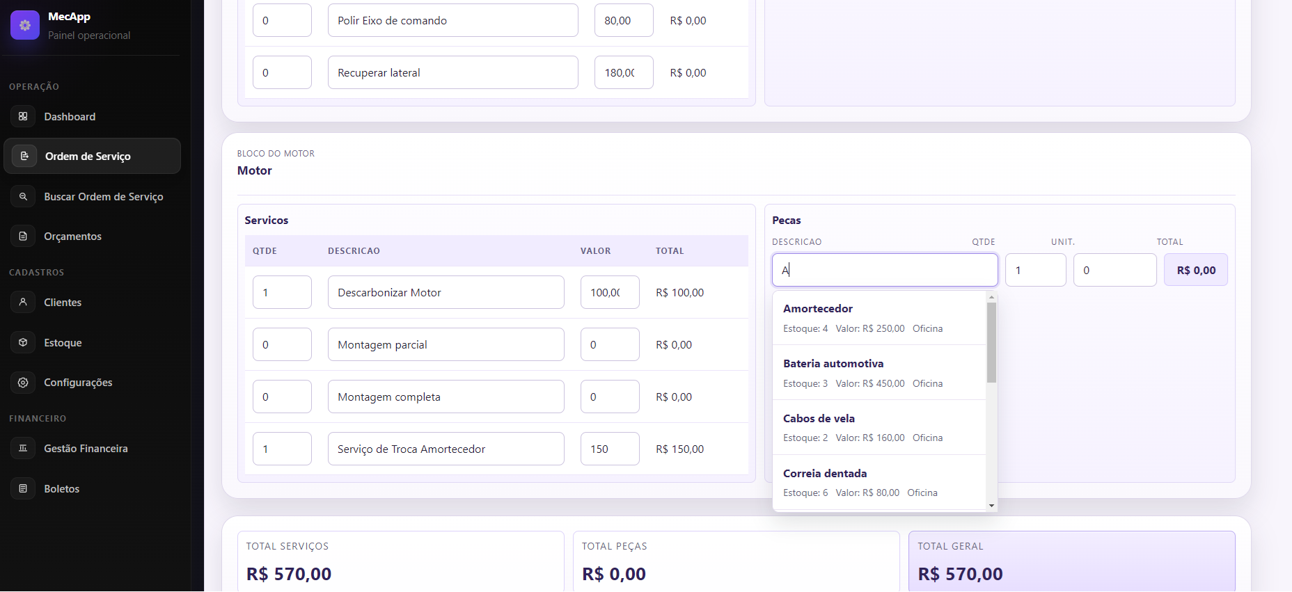 Tela de ordens de serviço com detalhes operacionais no MecApp
