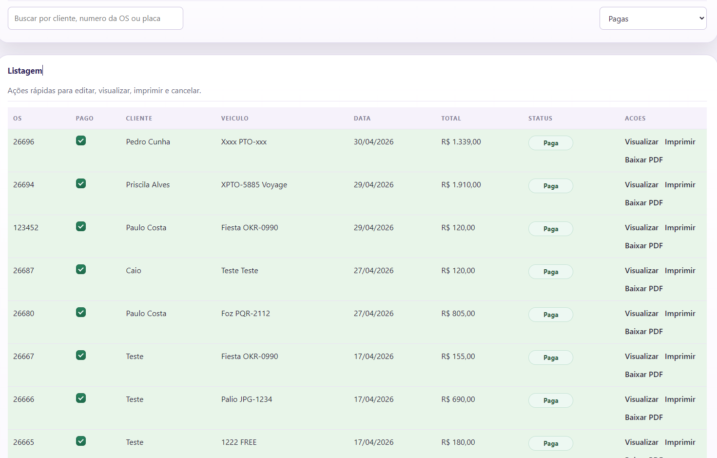 Lista de notas pagas com data e hora no MecApp