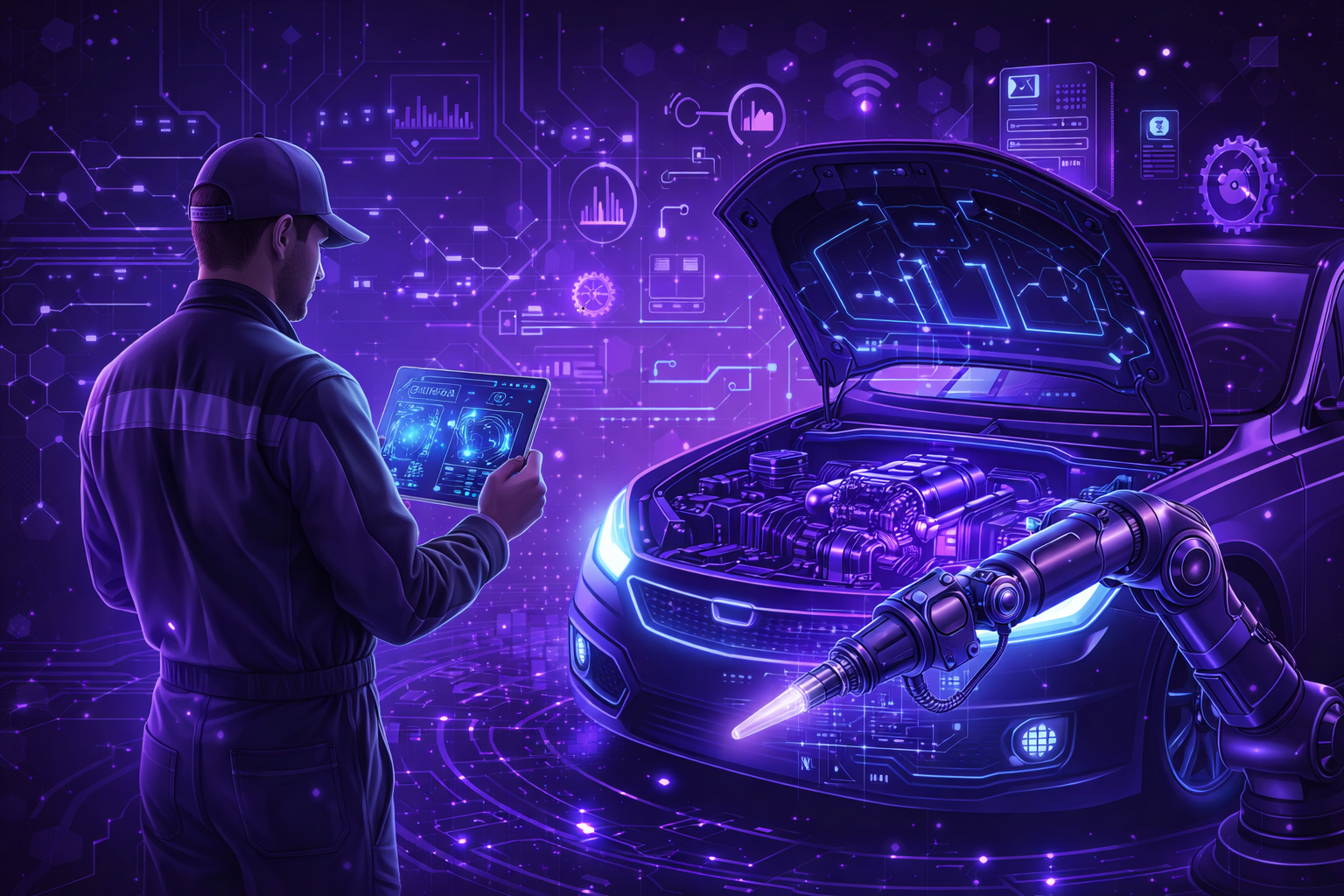 Técnico automotivo usando tecnologia avançada para diagnóstico e gestão inteligente da oficina